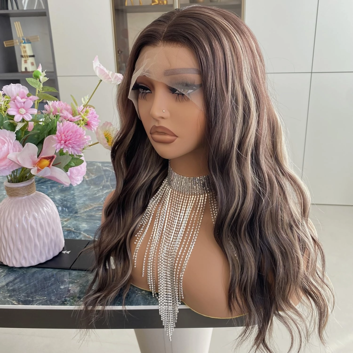 Auburn Brown Wigs Highlight Ash Blonde Mixed 13x4 Lace Front Wig Ombre Dark Color 4/27 Colored Piano Synthetic Fiber Body Wave 18Inch for Women