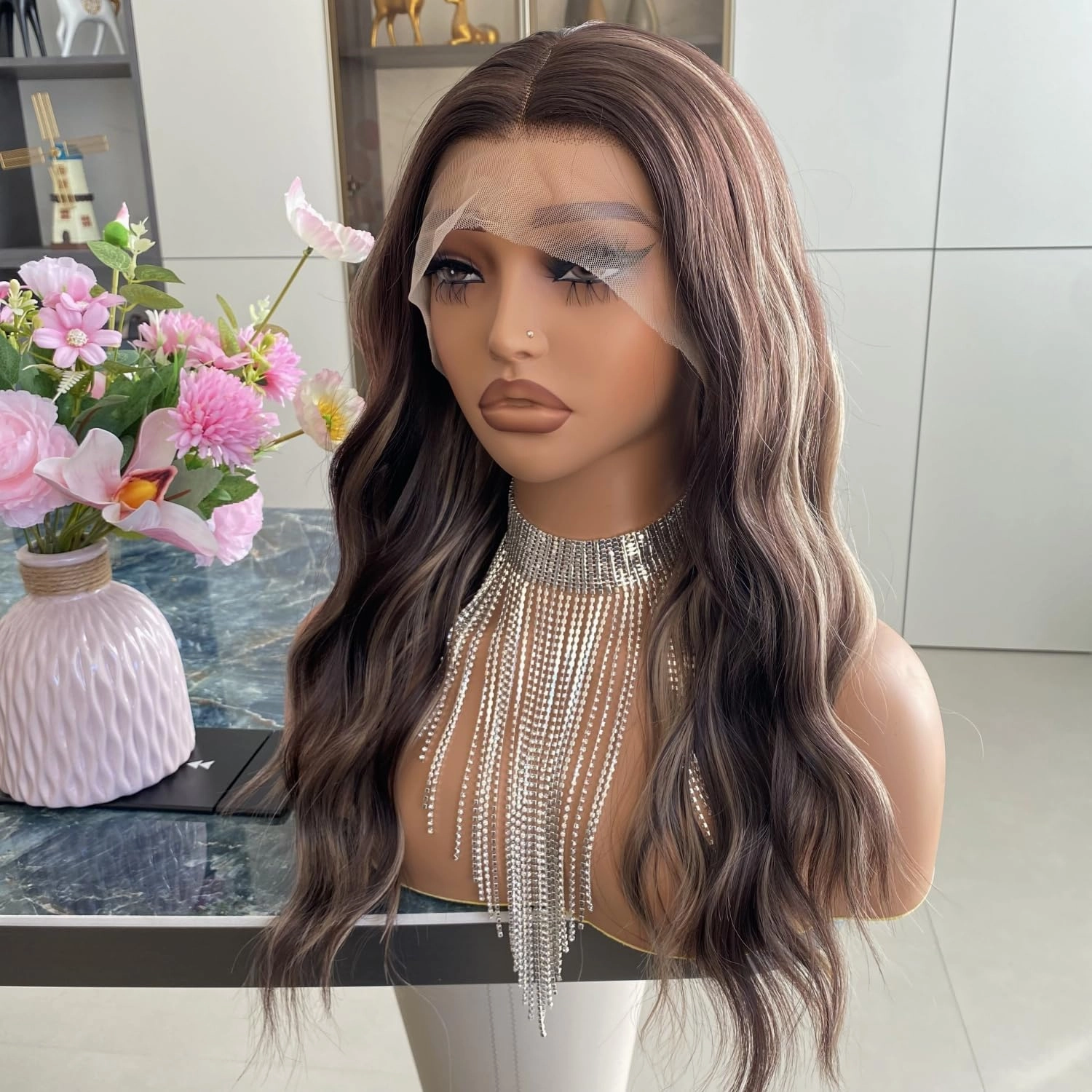 Auburn Brown Wigs Highlight Ash Blonde Mixed 13x4 Lace Front Wig Ombre Dark Color 4/27 Colored Piano Synthetic Fiber Body Wave 18Inch for Women