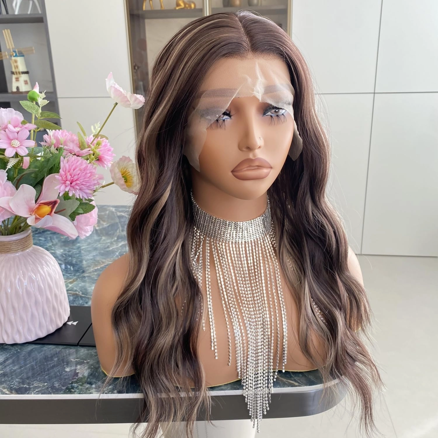 Auburn Brown Wigs Highlight Ash Blonde Mixed 13x4 Lace Front Wig Ombre Dark Color 4/27 Colored Piano Synthetic Fiber Body Wave 18Inch for Women