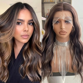Auburn Brown Wigs Highlight Ash Blonde Mixed 13x4 Lace Front Wig Ombre Dark Color 4/27 Colored Piano Synthetic Fiber Body Wave 18Inch for Women