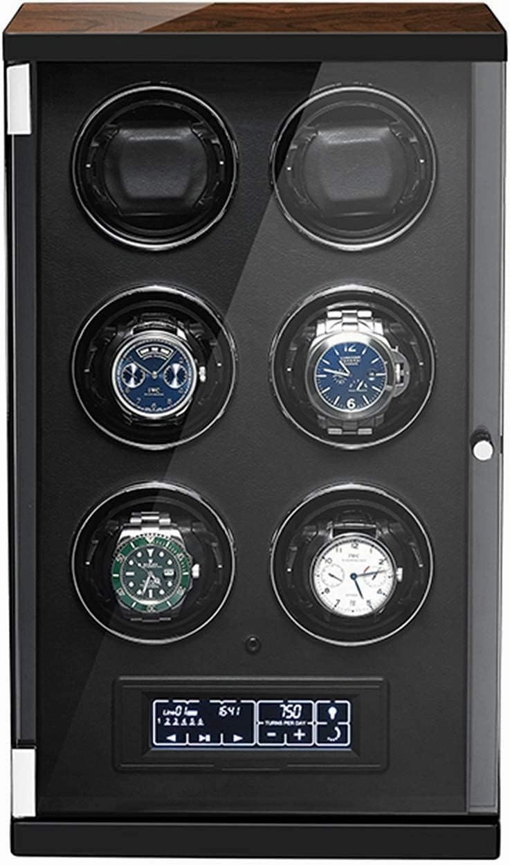 Automatic 6 Watch Winder Built-in LED Illuminated with Remote Control 5 Different Settings Wood Shell Piano Finish Carbon Fibre Exterior Piano Finishing Wood Black