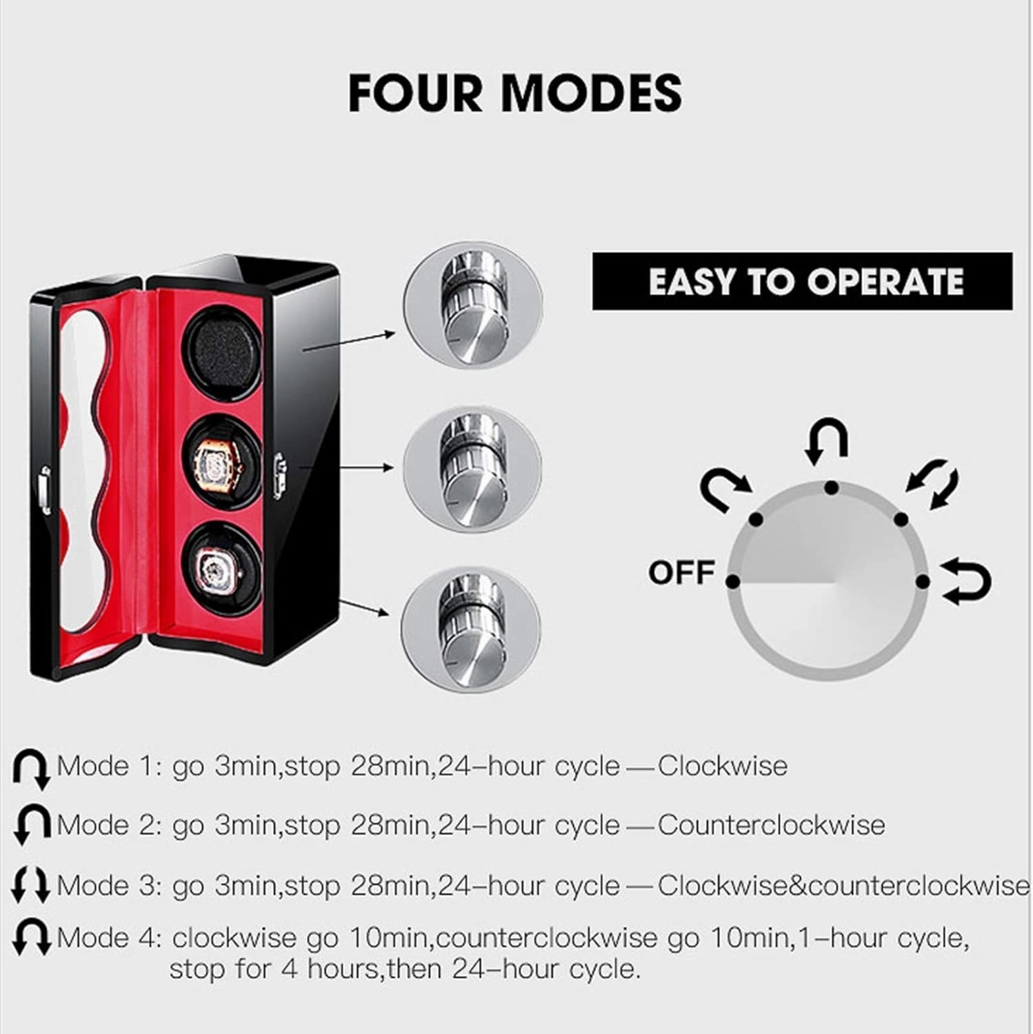 Automatic Watch Winder Box 3 LED Light Quiet Motor Independently Controlled 4 Rotation Modes Adapter Battery Powered (White)