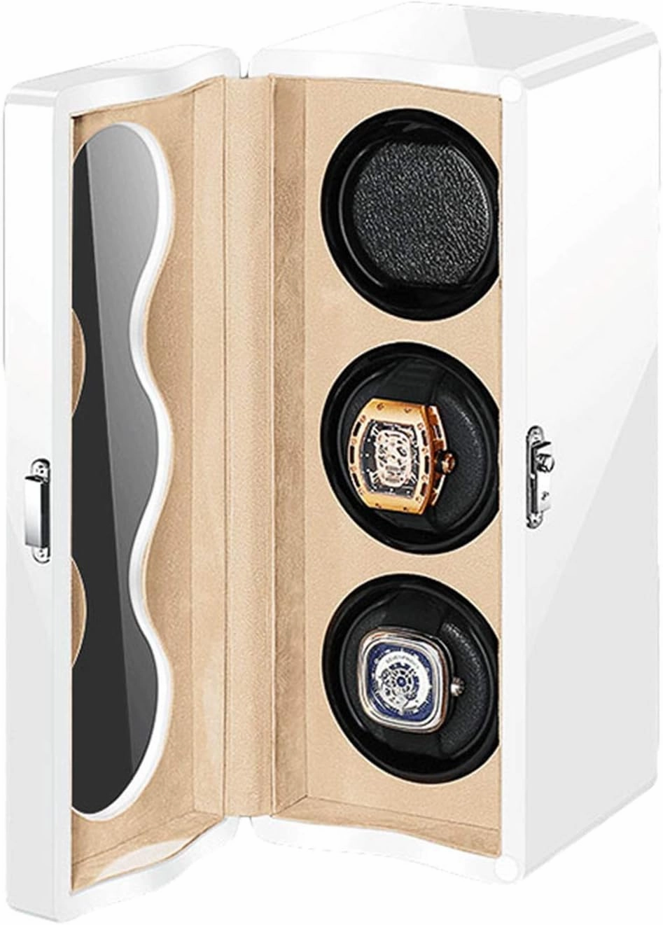 Automatic Watch Winder Box 3 LED Light Quiet Motor Independently Controlled 4 Rotation Modes Adapter Battery Powered (White)