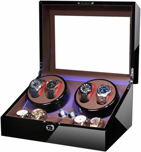 Automatic Watch Winder Box for 4 Watch   6 Storage Blue LED Light Piano Paint Finish Quiet Motor AC Adapter and Battery Powered Watch Winder Watch Box Case Watch Storage