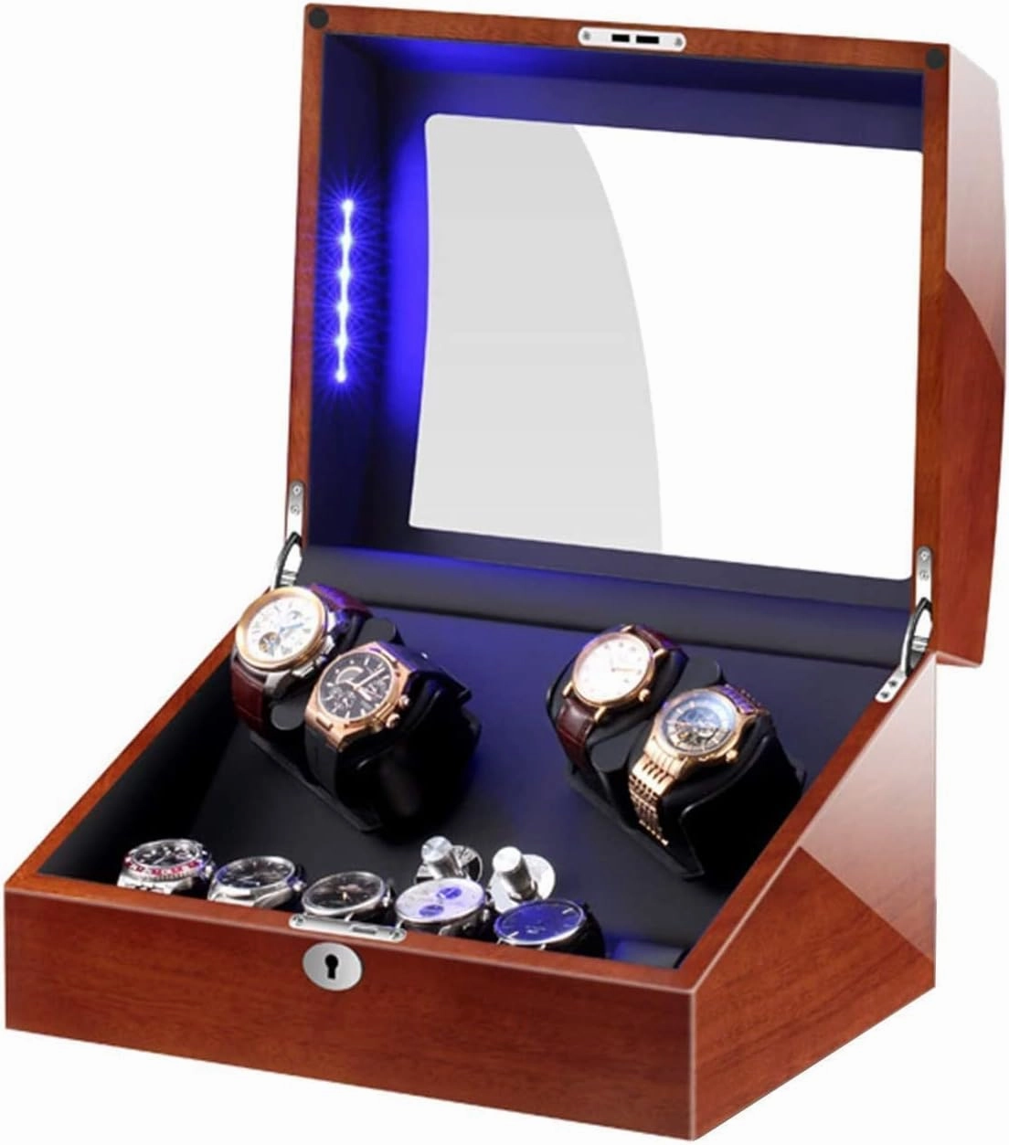 Automatic Watch Winder Box for 4 Watches   6 Storage with LED Light Soft Watch Cushion Piano Paint Exterior Silent Motor