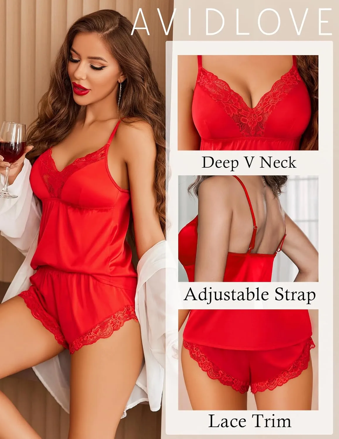 Avidlove Satin Pajamas Set Womens Lace Sleepwear Sexy Lingerie Cami Shorts Set S-XXL