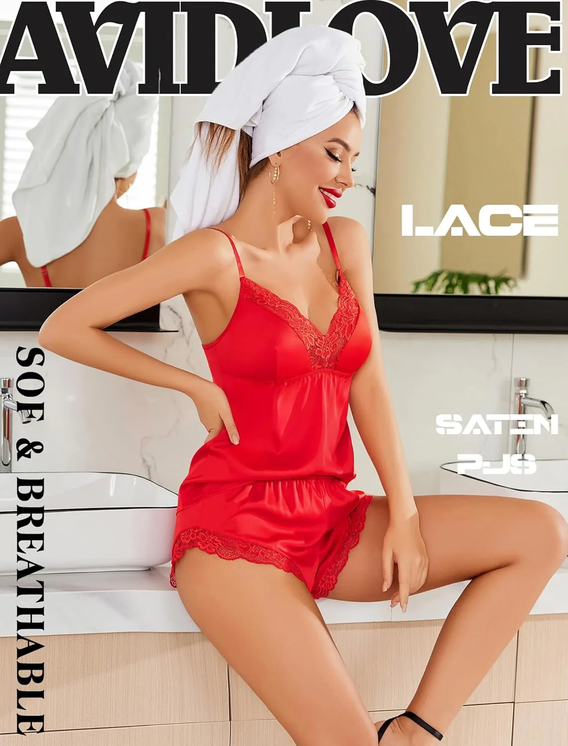 Avidlove Satin Pajamas Set Womens Lace Sleepwear Sexy Lingerie Cami Shorts Set S-XXL