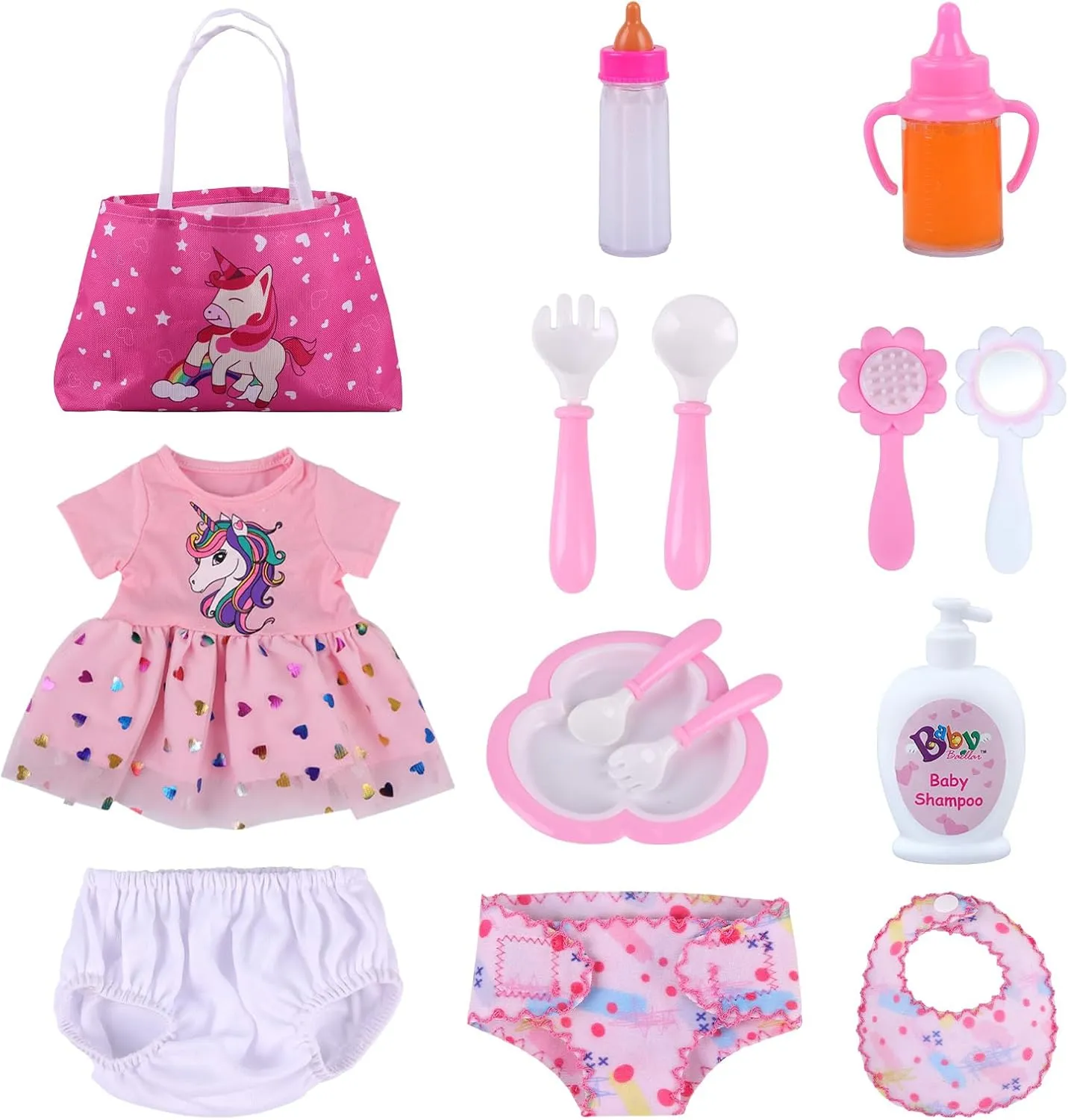 BABESIDE 13Pcs Baby Doll Clothes and Accessories for 17-20 Inch Dolls, Baby Doll Feeding and Care Set with Doll Clothes, Underwear, Bibs, Carry Bag, Magic Bottle for Reborn Baby Doll Girl Toy Gift