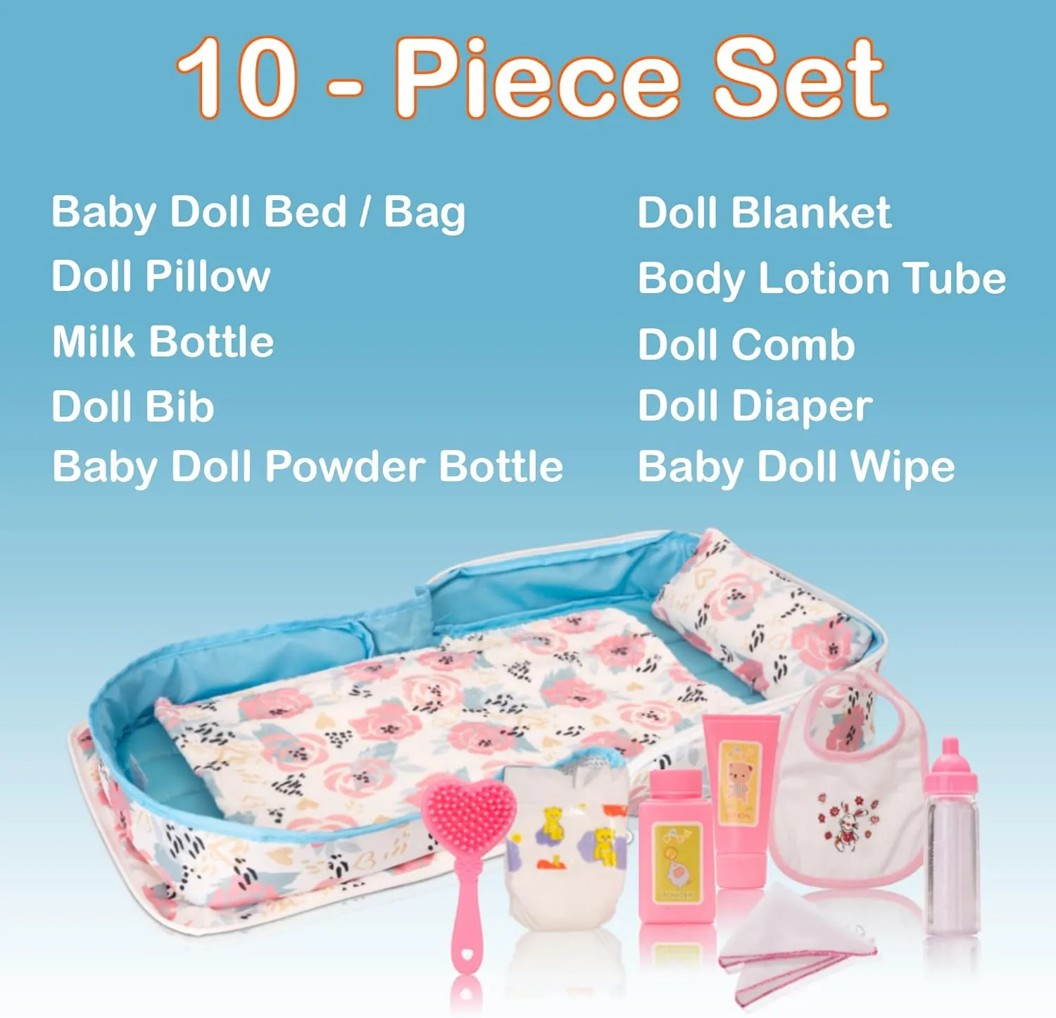 Baby Doll Bed Set - Portable Doll Bassinet for Dolls up to 21 inches - Handbag for Girl - Pink Roses