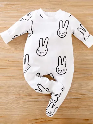 Baby Footed White Sleepsuit with Bunny Rabbit Design - 3 to 12 Months