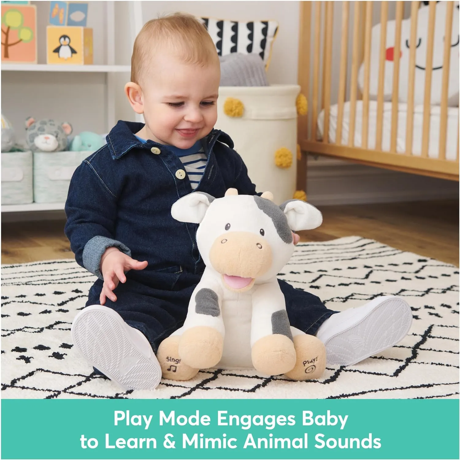 Baby GUND Buttermilk the Cow Animated Plush, Singing Stuffed Animal Sensory Toy, Sings Old MacDonald and Teaches Animal Sounds, Cream/Grey, 12”