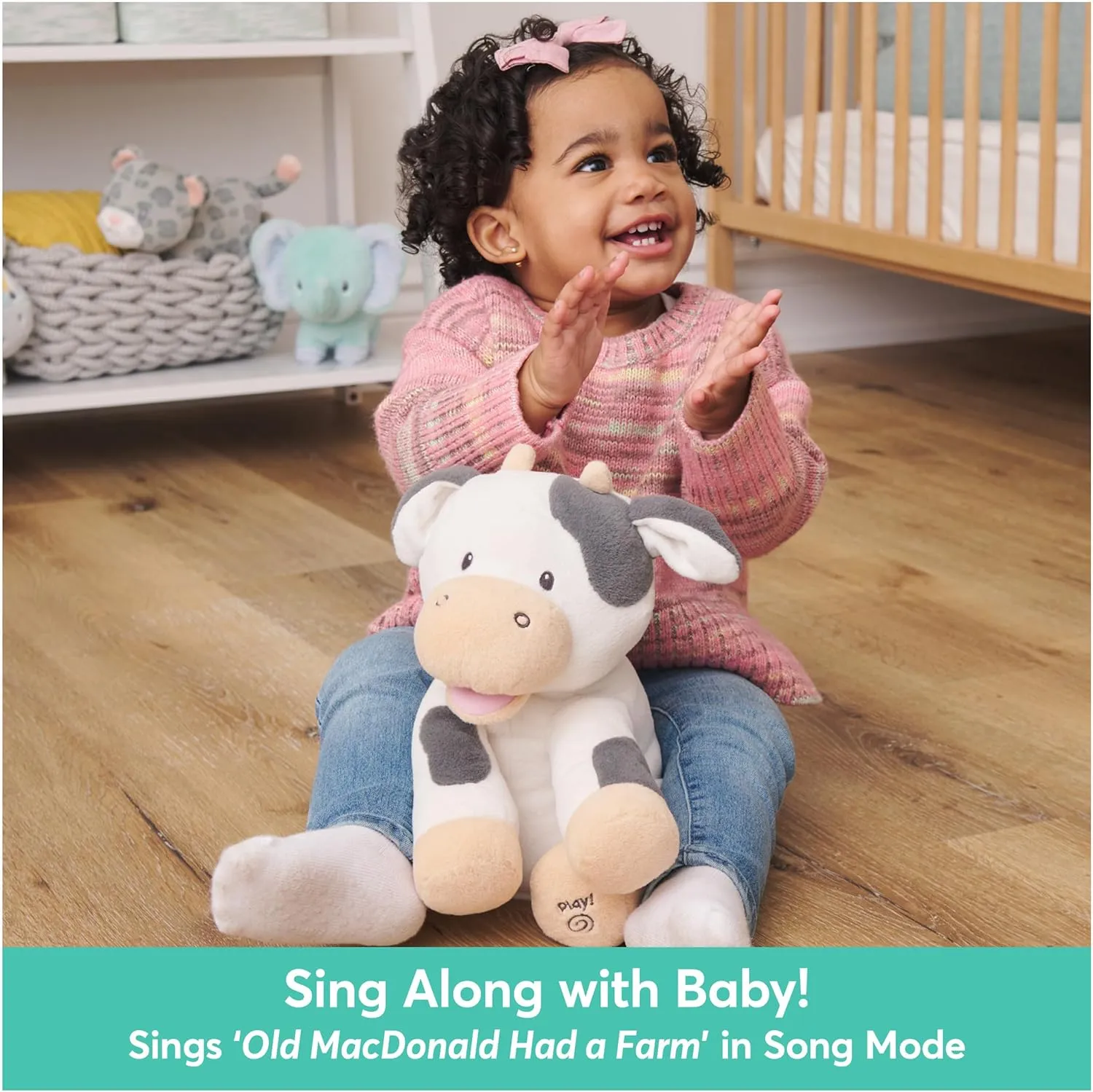 Baby GUND Buttermilk the Cow Animated Plush, Singing Stuffed Animal Sensory Toy, Sings Old MacDonald and Teaches Animal Sounds, Cream/Grey, 12”