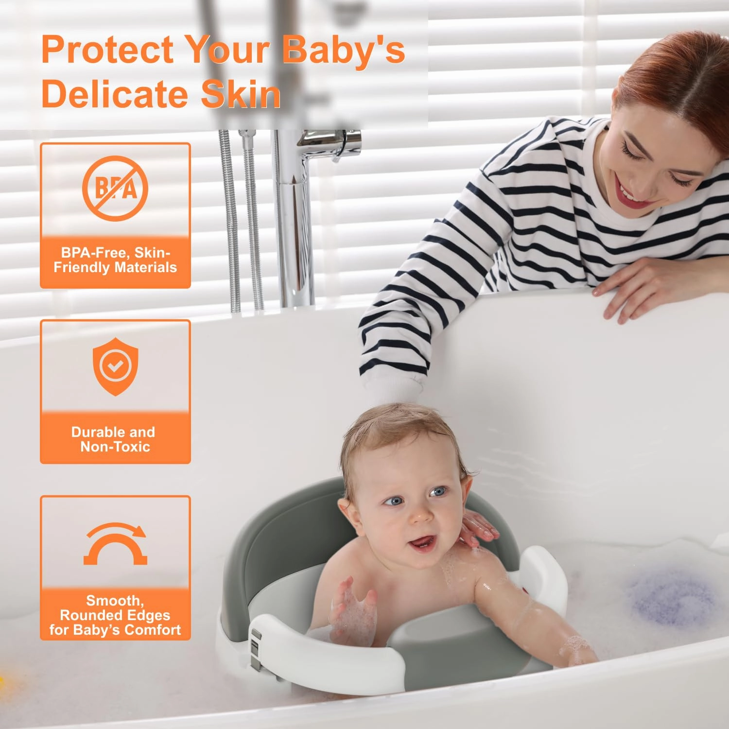Baby Bath Seat for Babies: Non-Slip Infant Bathtub Chair with Suction Cups, Safe & Comfortable Baby Bath Support, Ideal for Sitting Up, Easy to Clean, Stable Design, Grey (6-24 Months)