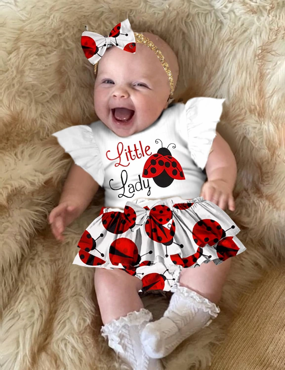 Baby Girl Clothes,Girl Summer Outfit Romper Sets Ruffle Short Sleeve Top Shorts  Bow Hairband 3Pcs Set