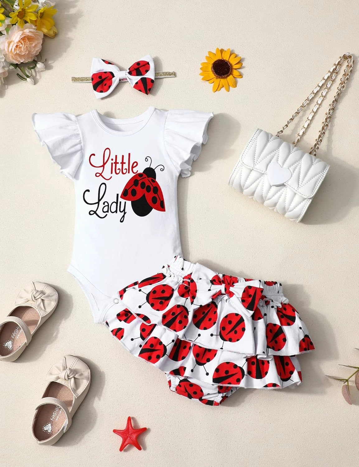 Baby Girl Clothes,Girl Summer Outfit Romper Sets Ruffle Short Sleeve Top Shorts  Bow Hairband 3Pcs Set