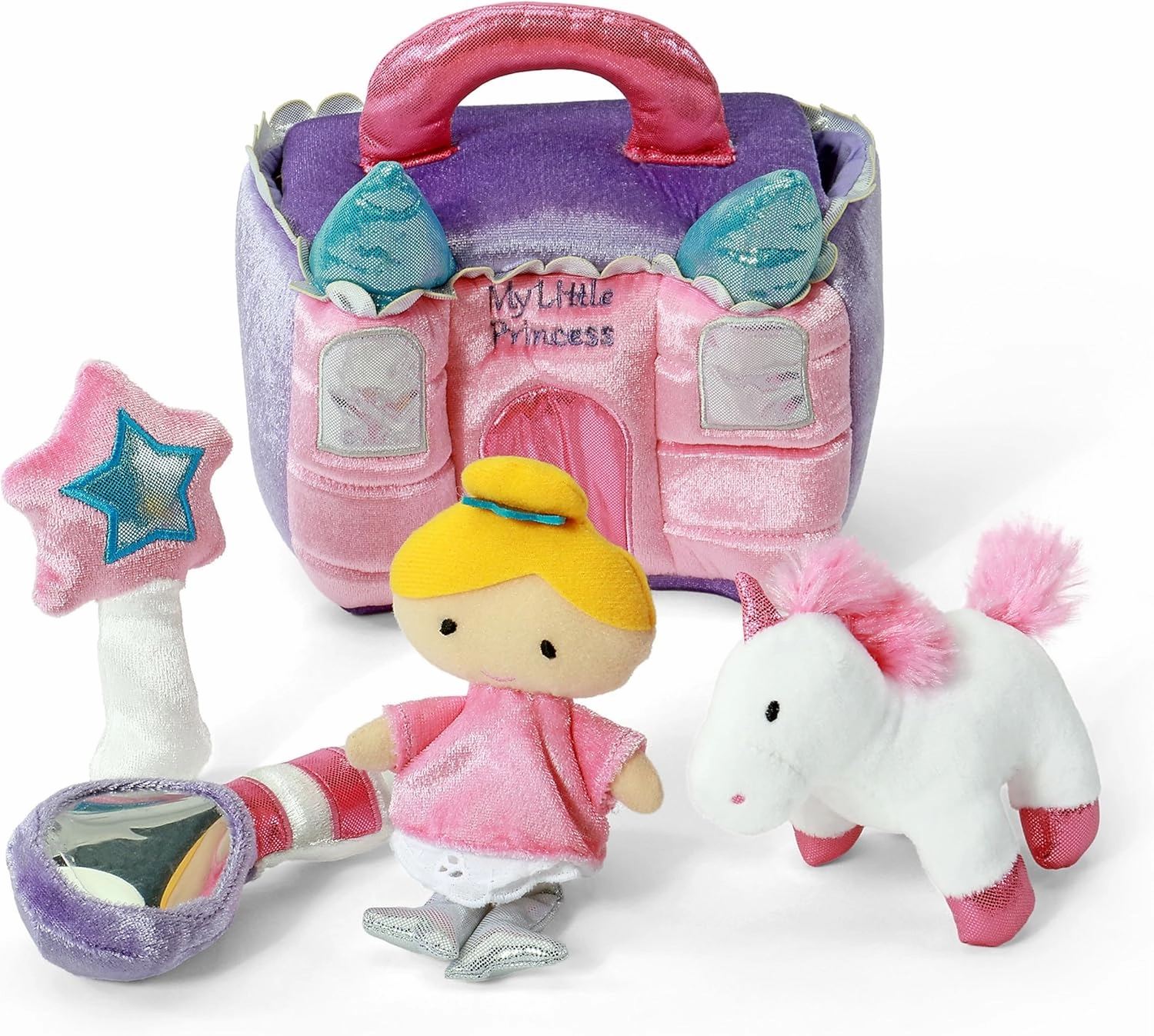Baby GUND Play Soft Collection, Princess Castle 5-Piece Plush Playset with Rattle, Squeaker and Crinkle Plush Toys, Sensory Toy for Babies and Newborns, 7”