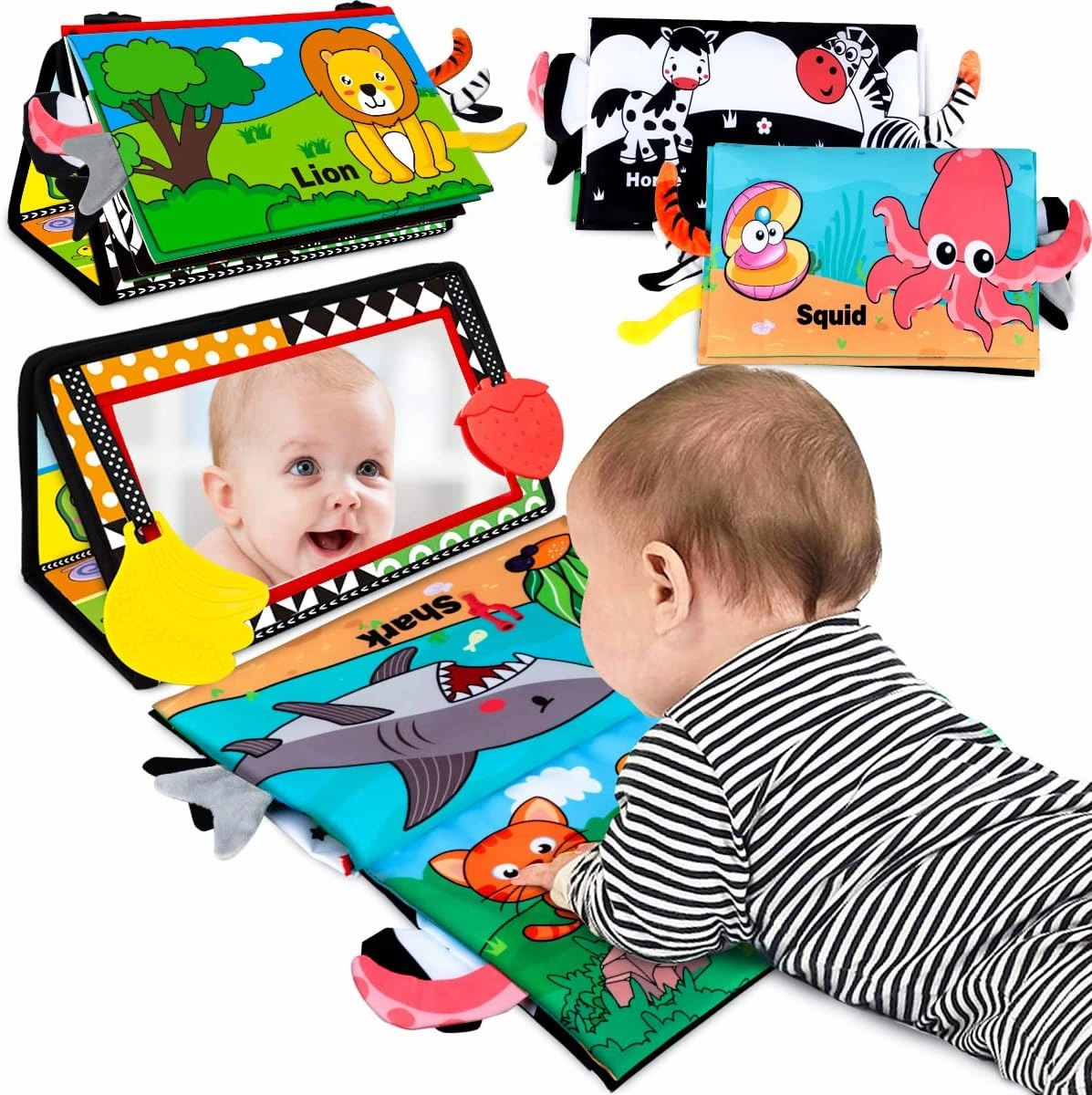 Baby Toys 0-6 Months - Tummy Time Mirror Toys with Cloth Books Teethers - High Contrast Newborn Toy 0-3 Months - Montessori Sensory Infant Toy for Babies 2 4 5 Month Boys Girls