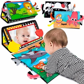 Baby Toys 0-6 Months - Tummy Time Mirror Toys with Cloth Books Teethers - High Contrast Newborn Toy 0-3 Months - Montessori Sensory Infant Toy for Babies 2 4 5 Month Boys Girls