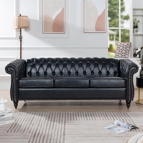Ball & Cast 84" Chesterfield Leather Sofa with Channel Tufted Seat Back,Classic 3 Seater Couch w/Roll Arm Nailhead Trim and Upholstered,Mid Century Furniture for Living Room,Bedroom,Office,Black PU