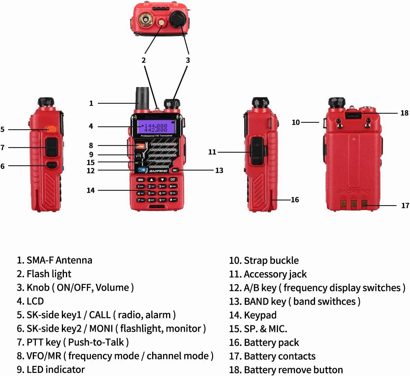 BAOFENG UV-5R  Plus Two Way Radio, Long Range for Adults Rechargeable with Earpiece, Walkie Talkie for Outdoors, 144-148 420-450MHz, Qualette Series, Flame Red