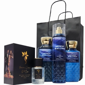 Bath and Body Gift Set Includes Body Lotion, Shower Gel, Fine Fragrance Mist, Fawn Over Me Perfume and Gift Bag (Midnight Blue Citrus)