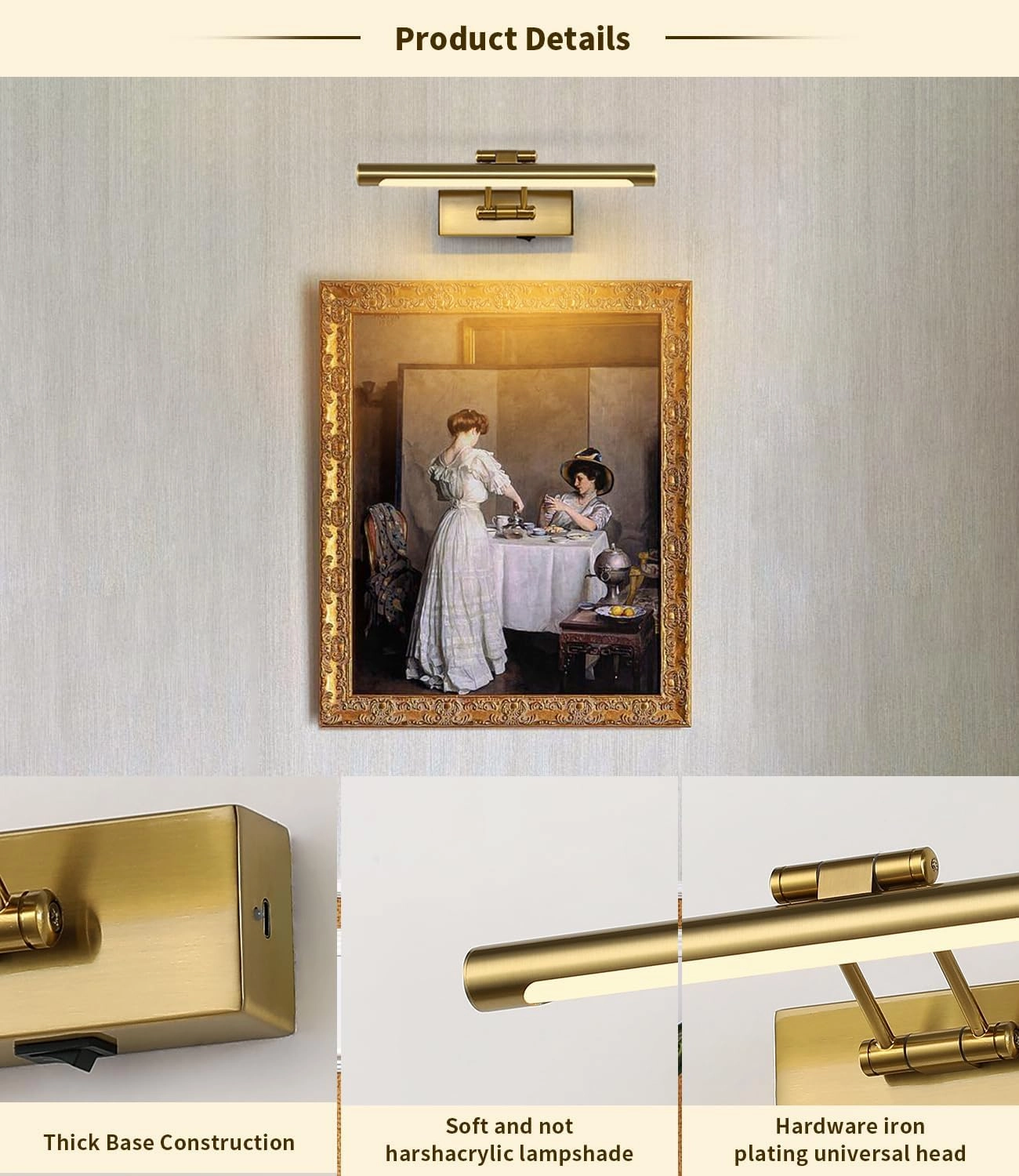 Battery Operated Picture Lights with Remote and Timer,Wireless Art Light for Paintings with Adjustable Swing Arm Brass Gallery Lights 12in Rechargeable Wall Sconce