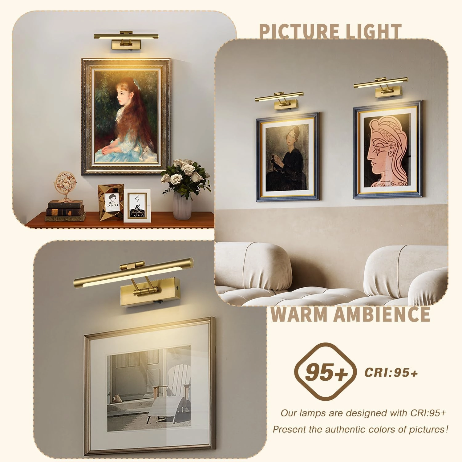 Battery Operated Picture Lights with Remote and Timer,Wireless Art Light for Paintings with Adjustable Swing Arm Brass Gallery Lights 12in Rechargeable Wall Sconce
