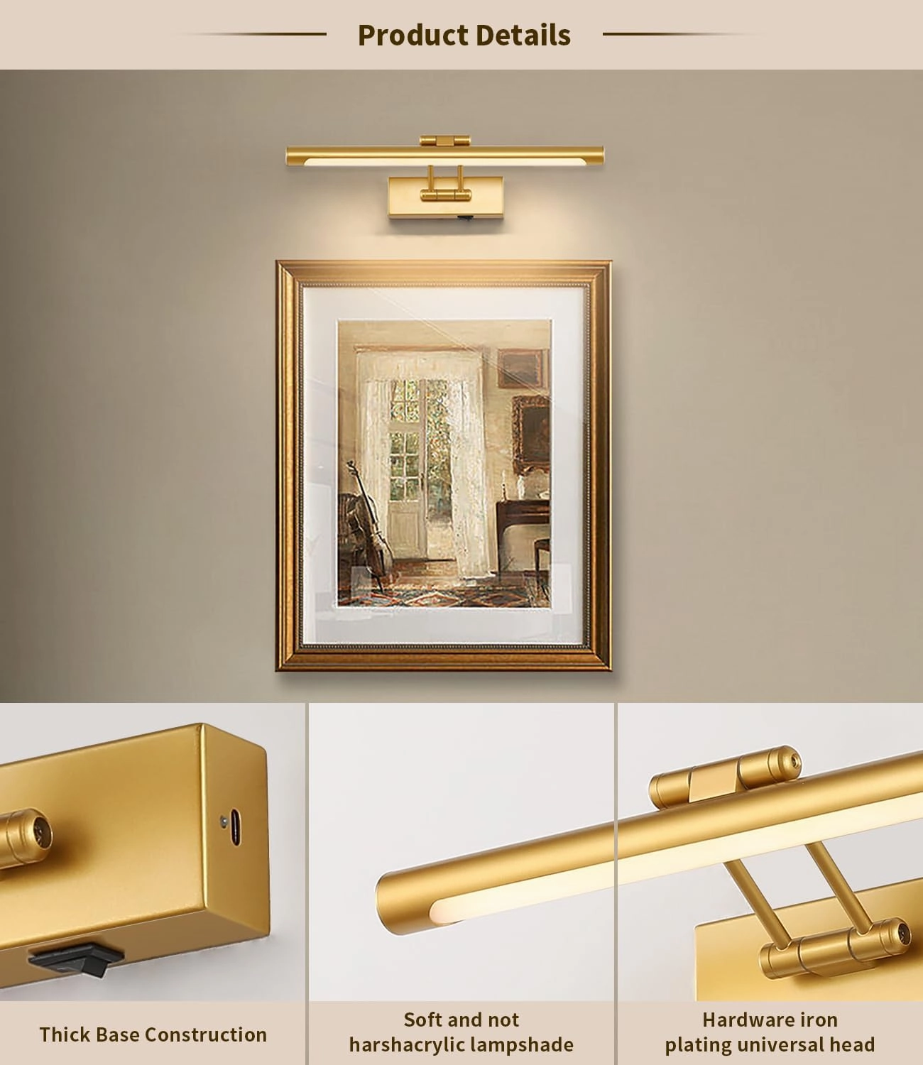 Battery Operated Picture Lights with Remote and Timer,Wireless Art Light for Paintings with Adjustable Swing Arm Gold Gallery Lights 15.75in Rechargeable Wall Sconce