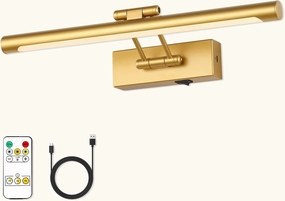 Battery Operated Picture Lights with Remote and Timer,Wireless Art Light for Paintings with Adjustable Swing Arm Gold Gallery Lights 15.75in Rechargeable Wall Sconce