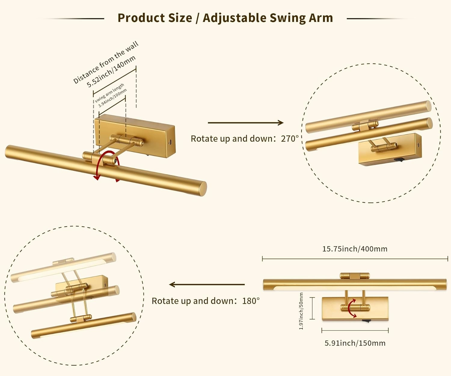 Battery Operated Picture Lights with Remote and Timer,Wireless Art Light for Paintings with Adjustable Swing Arm Gold Gallery Lights 15.75in Rechargeable Wall Sconce