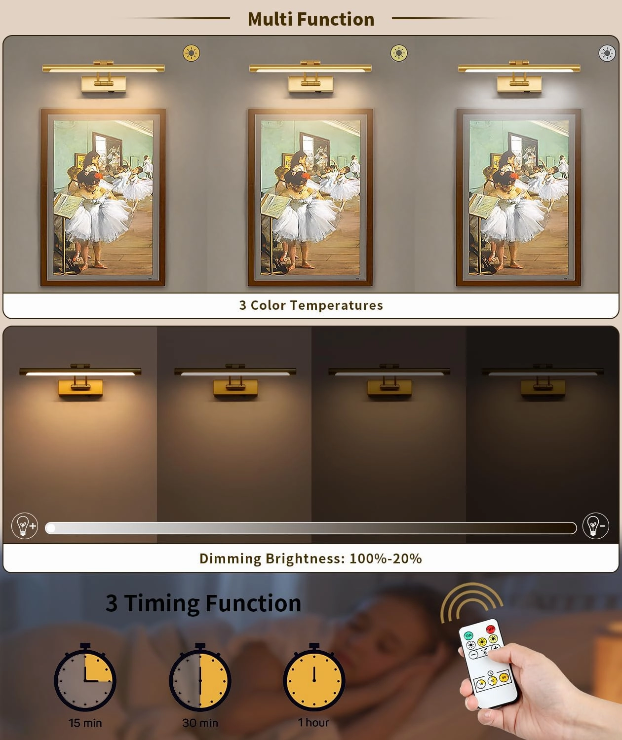 Battery Operated Picture Lights with Remote and Timer,Wireless Art Light for Paintings with Adjustable Swing Arm Gold Gallery Lights 15.75in Rechargeable Wall Sconce