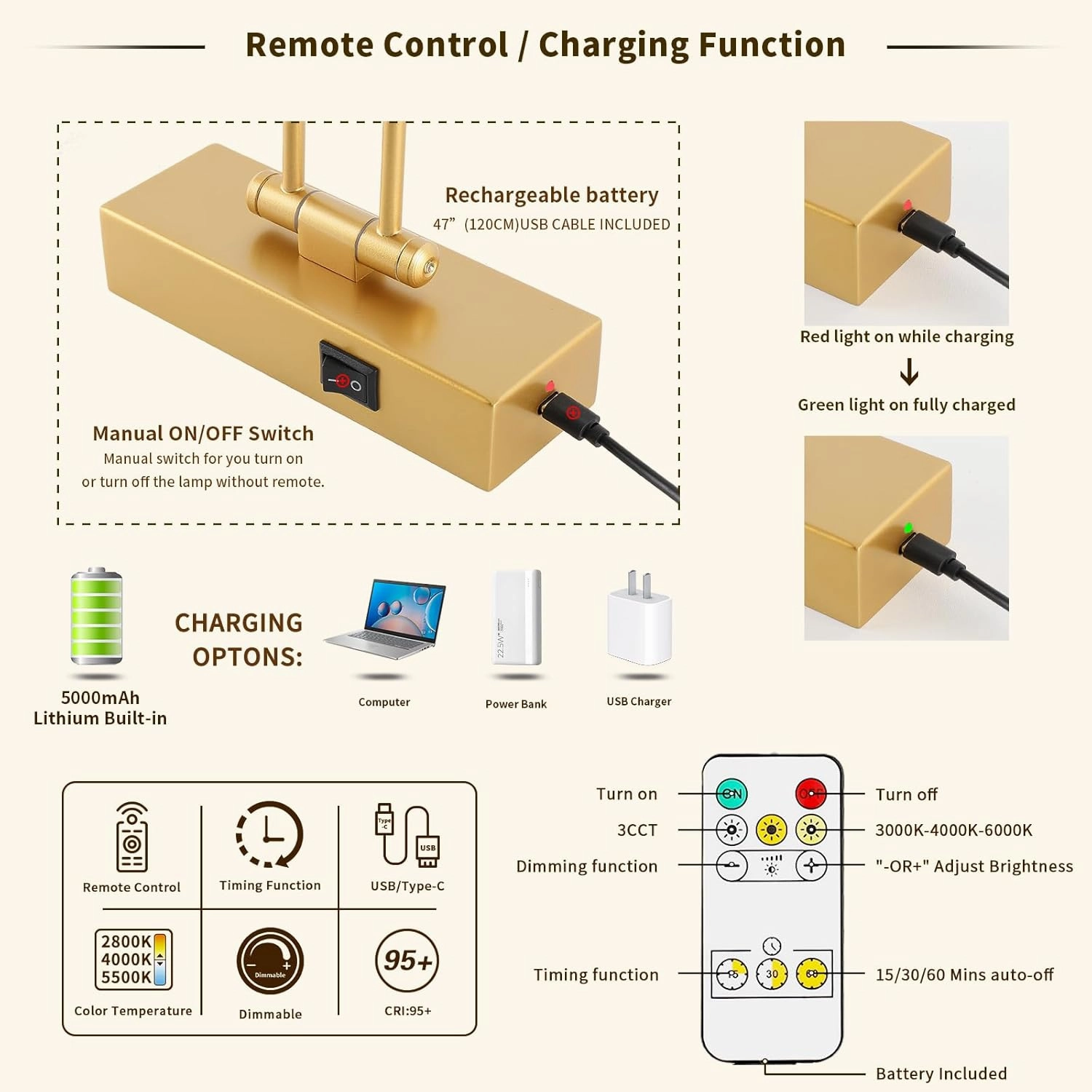 Battery Operated Picture Lights with Remote and Timer,Wireless Art Light for Paintings with Adjustable Swing Arm Gold Gallery Lights 15.75in Rechargeable Wall Sconce