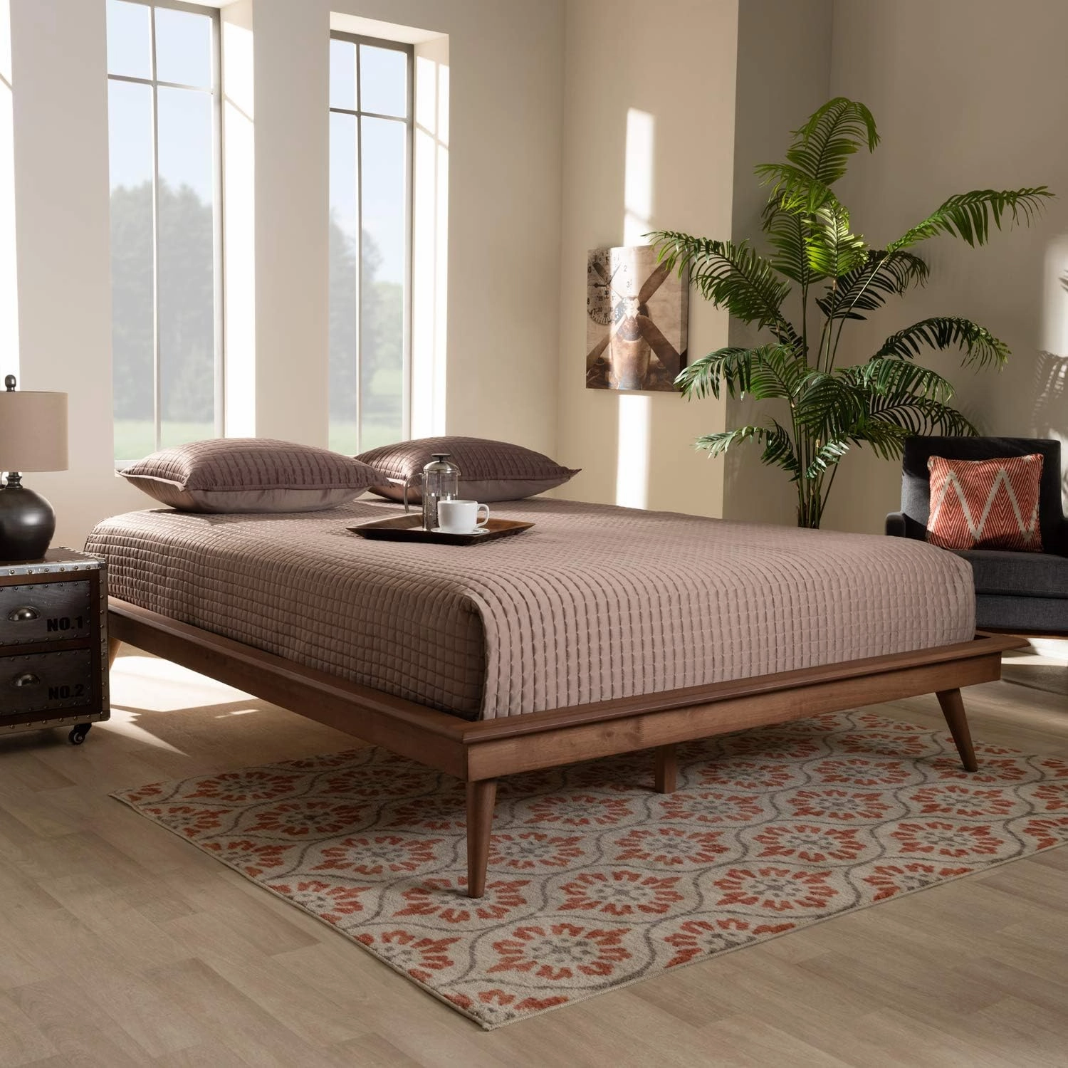 Baxton Studio Karine Mid-Century Modern Walnut Brown Finished Wood Queen Size Platform Bed Frame