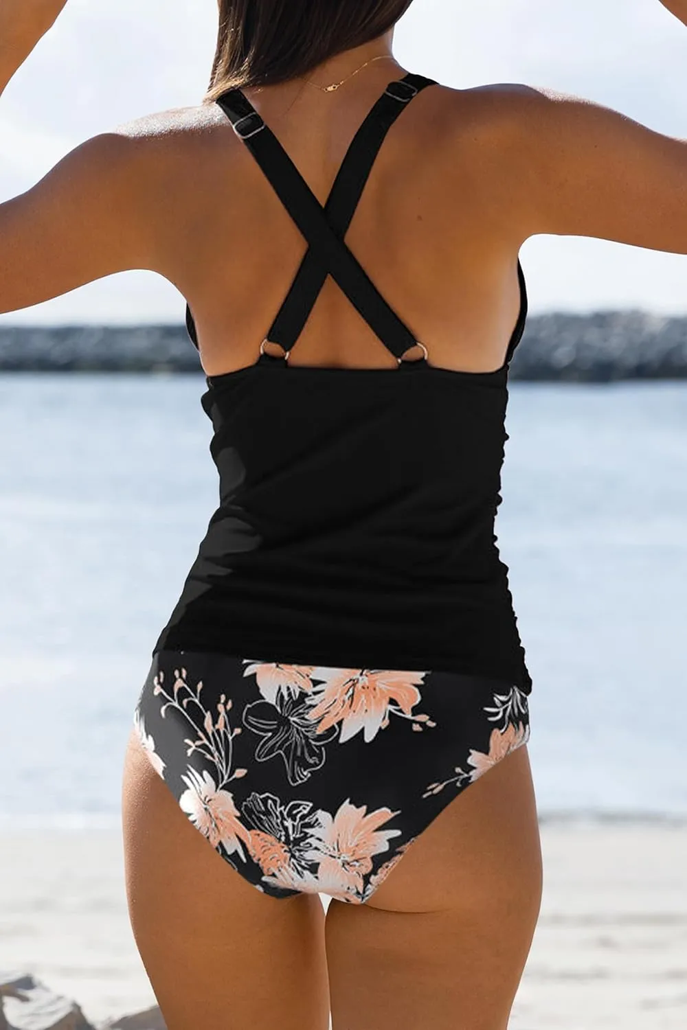 Beachsissi Women's Cute Floral Print Swimsuits V Neck Tummy Control Tankini Set