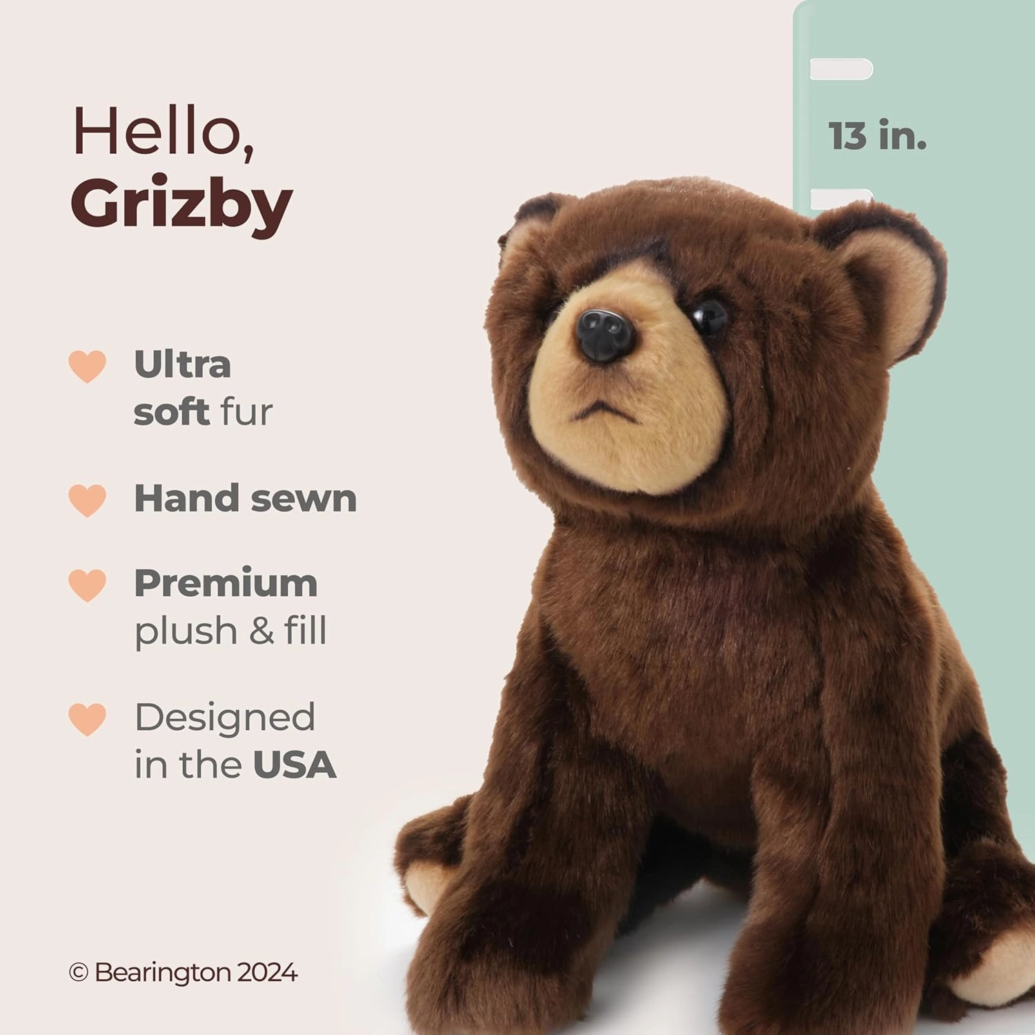 Bearington Grizby The Brown Bear: 13 Inches Tall, Realistic Plush Stuffed Animal Toy with Ultra-Soft Faux Fur & Fill, Expressive Face and Floppy Body - for Animal Lovers of All Ages