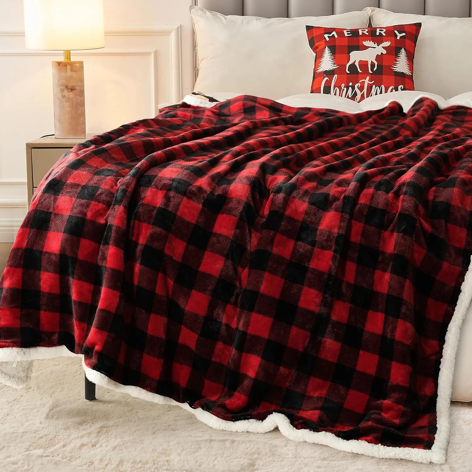 BEAUTEX Christmas Sherpa Fleece Throw Blanket, Super Soft Warm Buffalo Plaid Plush Blankets and Throws, Warm Winter Cozy Fuzzy Blanket for Couch Sofa Bed (Red, 50" x 60")