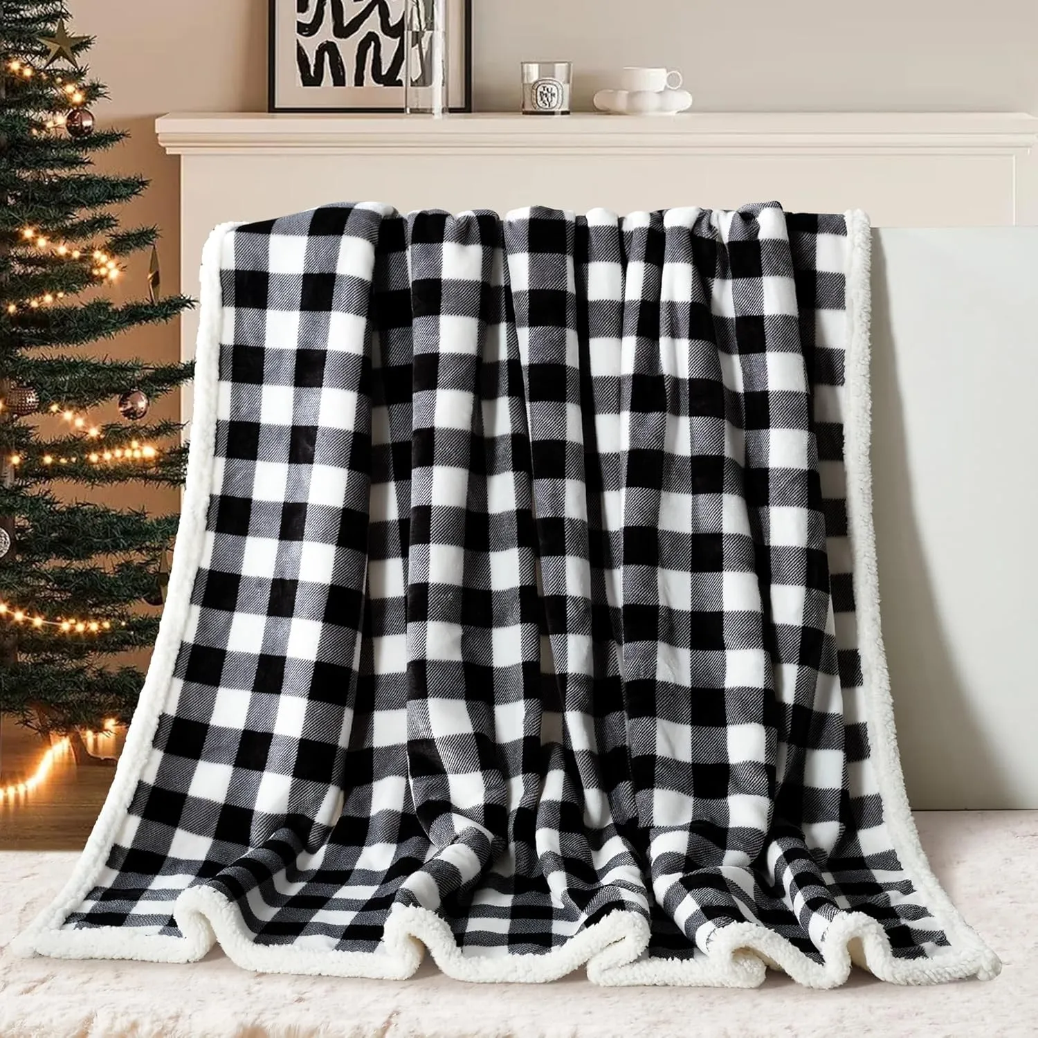 BEAUTEX Sherpa Fleece Flannel Throw Blanket, Super Soft Warm Buffalo Plaid Plush Blankets and Throws, Lightweight Cozy Fuzzy Blanket for Couch Sofa Bed (Black, Throw 50" x 60")