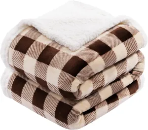 BEAUTEX Sherpa Fleece Throw Blanket, Super Soft Warm Buffalo Plaid Plush Blankets and Throws, Lightweight Cozy Fuzzy Blanket for Couch Sofa Bed (Brown, Throw 50" x 60")