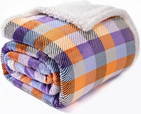 BEAUTEX Sherpa Fleece Flannel Throw Blanket, Fall Super Soft Warm Checkered Plaid Plush Blankets and Throws, Warm Autumn Winter Cozy Fuzzy Blanket for Couch Sofa Bed (Orange and Purple, 50" x 60")