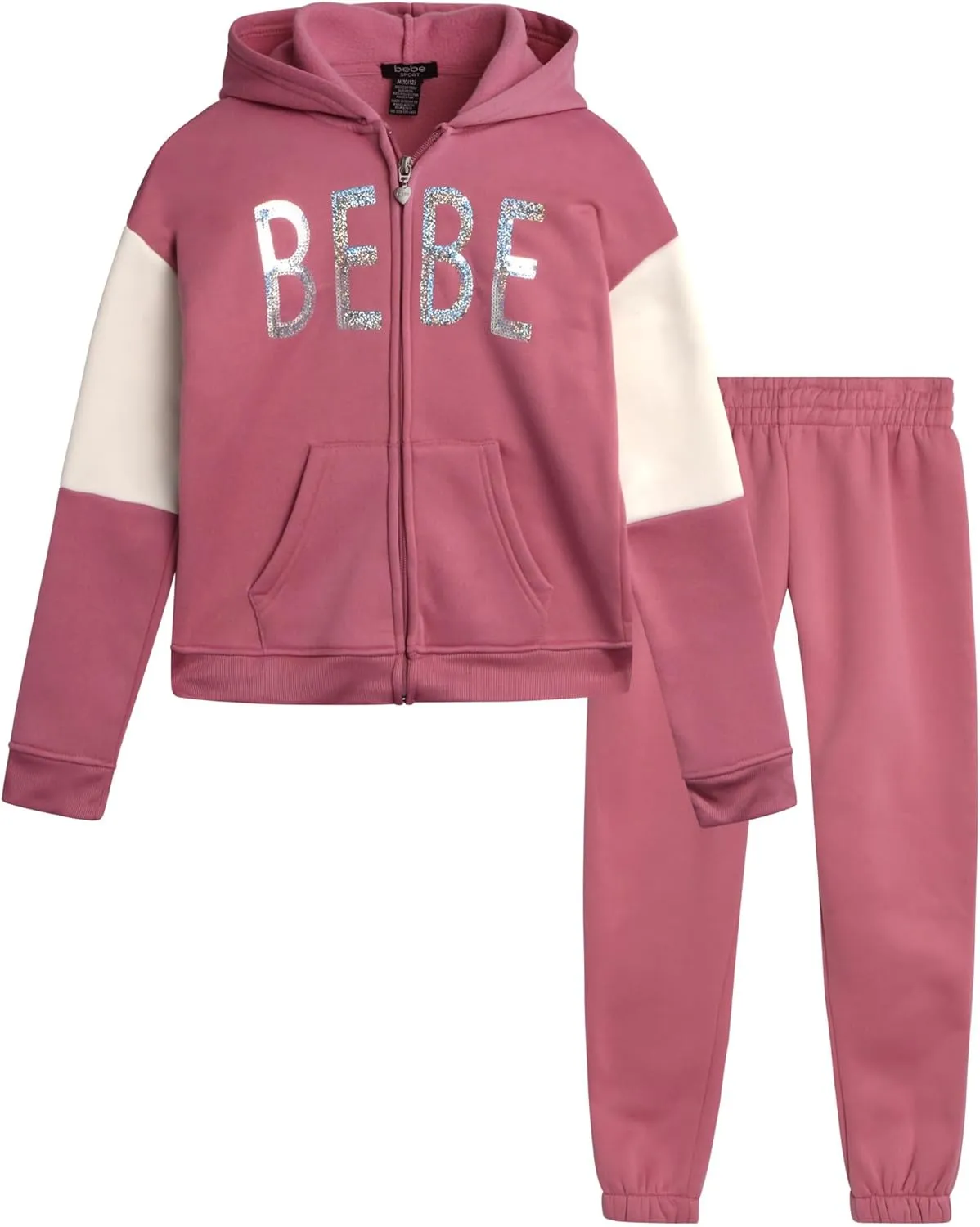 bebe Girls' Jogger Set - 2 Piece Sequin Fleece Zip Up Hoodie and Jogger Pants - Cute Matching Outfits for Girls (Sizes: 7-12)