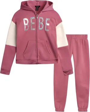 bebe Girls' Jogger Set - 2 Piece Sequin Fleece Zip Up Hoodie and Jogger Pants - Cute Matching Outfits for Girls (Sizes: 7-12)