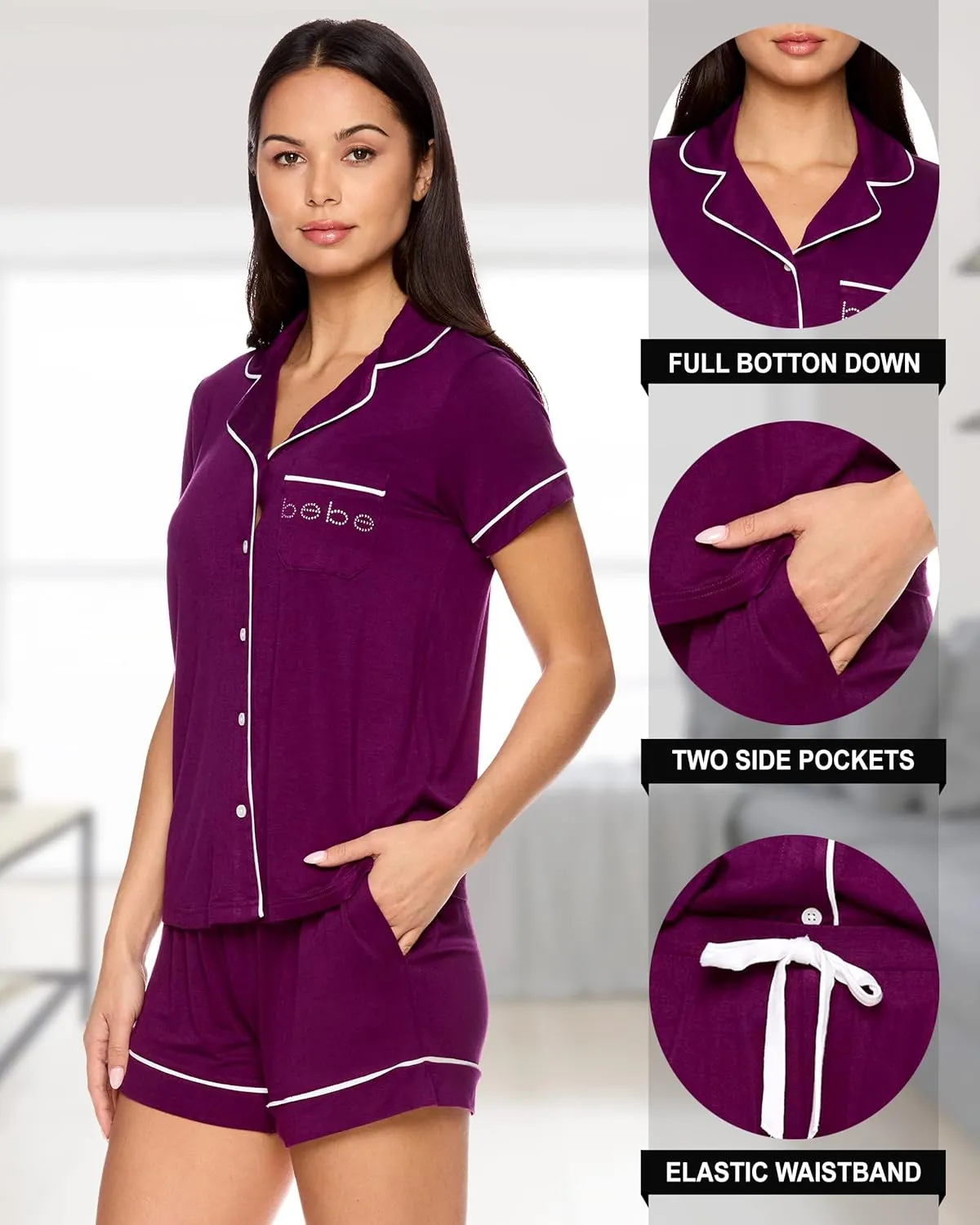 bebe Short Sleeve Button Up Pajama Set for Women, PJ Set for Women, Cute Pajama Shorts Lounge Set