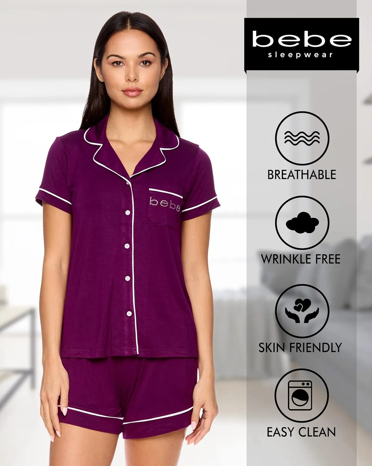 bebe Short Sleeve Button Up Pajama Set for Women, PJ Set for Women, Cute Pajama Shorts Lounge Set
