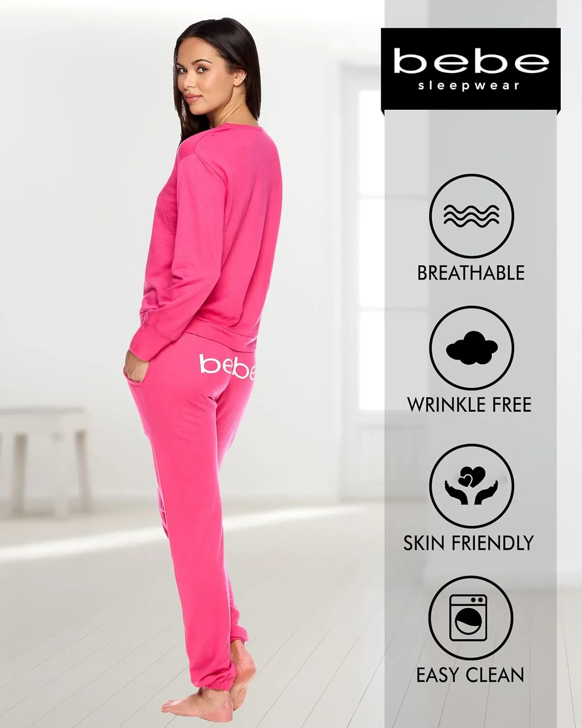 bebe Womens Pajama Sets - French Terry Pajamas Long Sleeve Pullover Top and PJ Pants with Pockets - Sleepwear for Women