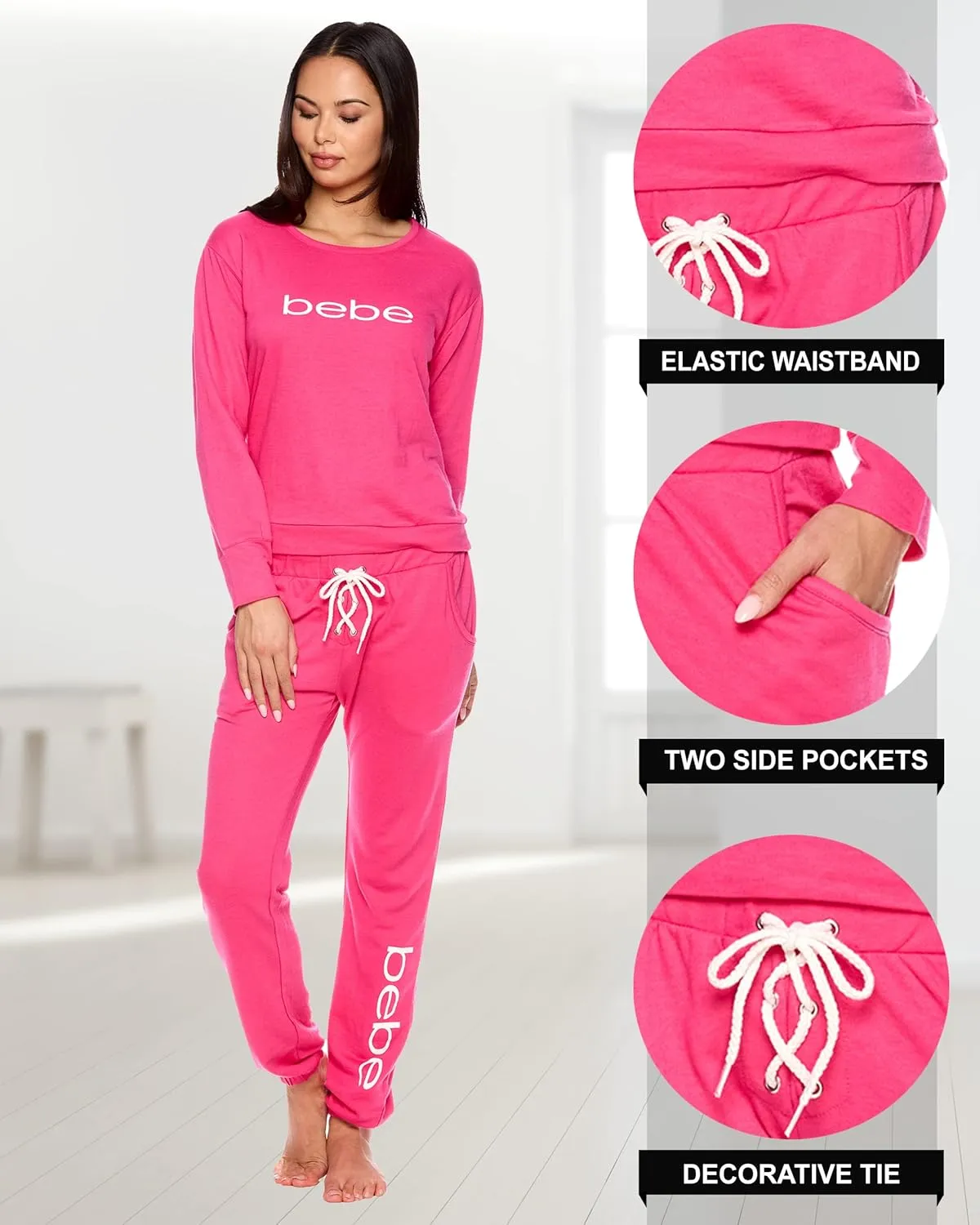 bebe Womens Pajama Sets - French Terry Pajamas Long Sleeve Pullover Top and PJ Pants with Pockets - Sleepwear for Women