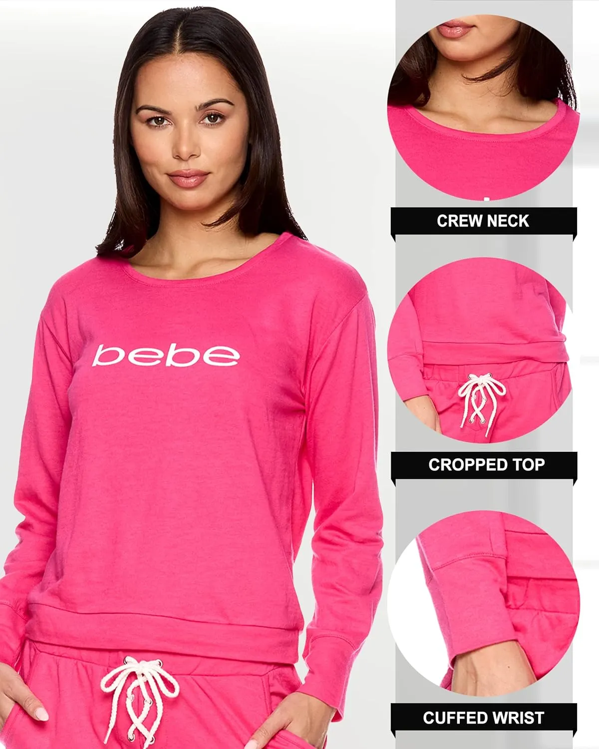 bebe Womens Pajama Sets - French Terry Pajamas Long Sleeve Pullover Top and PJ Pants with Pockets - Sleepwear for Women