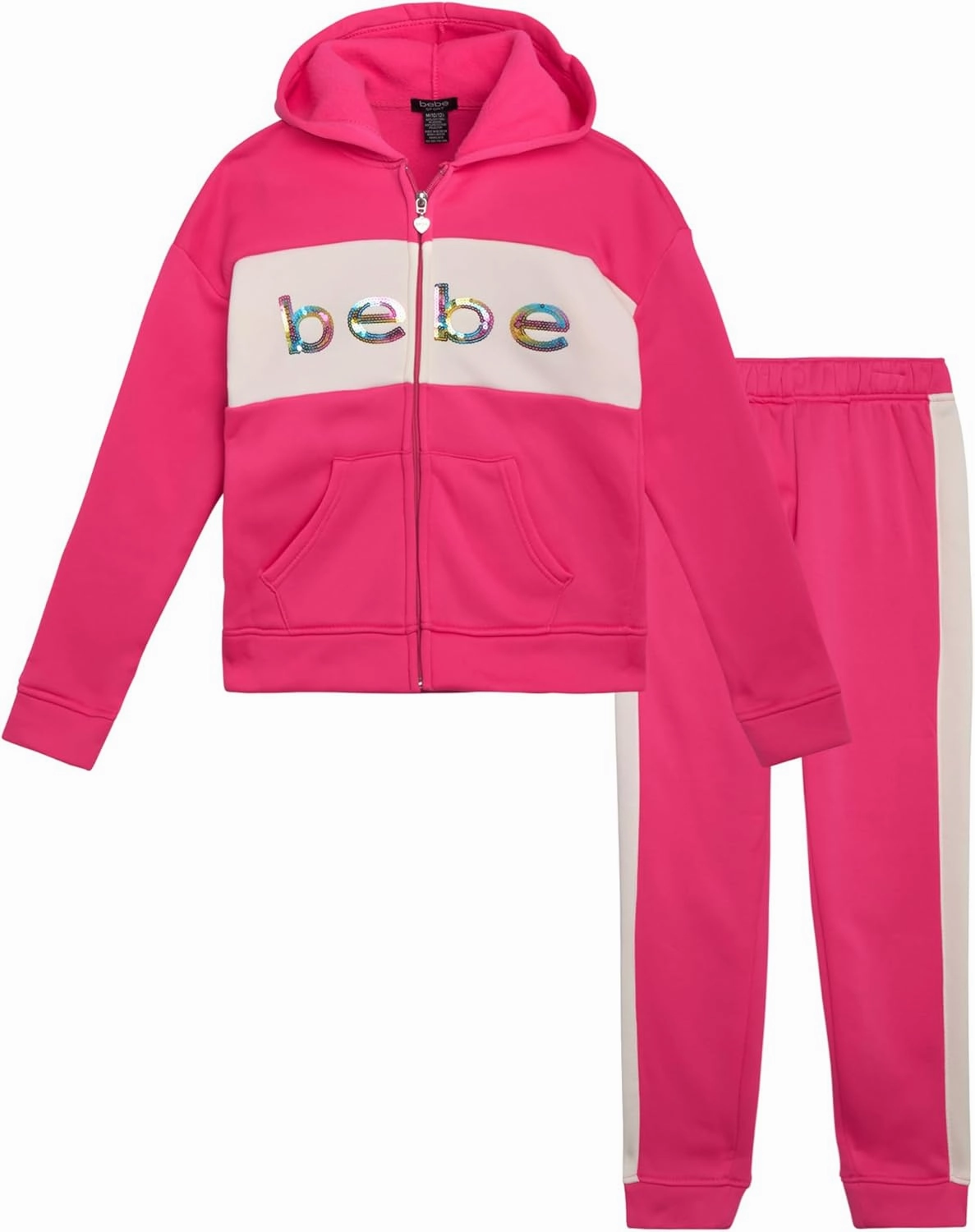 bebe Girls' Jogger Set - 2 Piece Sequin Fleece Zip Up Hoodie and Jogger Pants - Cute Matching Outfits for Girls (Sizes: 7-12)
