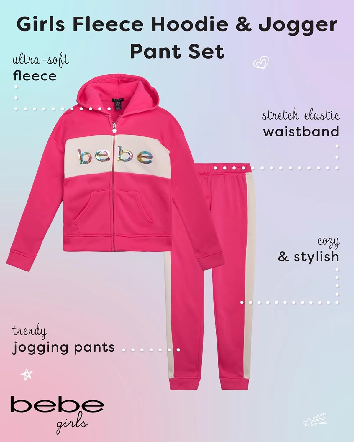 bebe Girls' Jogger Set - 2 Piece Sequin Fleece Zip Up Hoodie and Jogger Pants - Cute Matching Outfits for Girls (Sizes: 7-12)