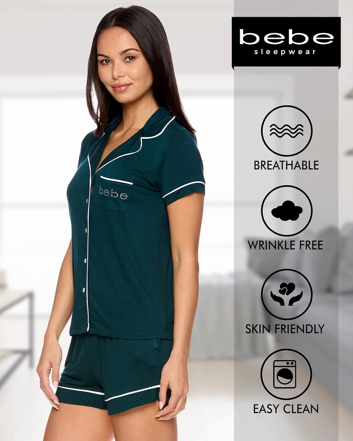 bebe Short Sleeve Button Up Pajama Set for Women, PJ Set for Women, Cute Pajama Shorts Lounge Set