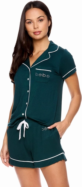 bebe Short Sleeve Button Up Pajama Set for Women, PJ Set for Women, Cute Pajama Shorts Lounge Set